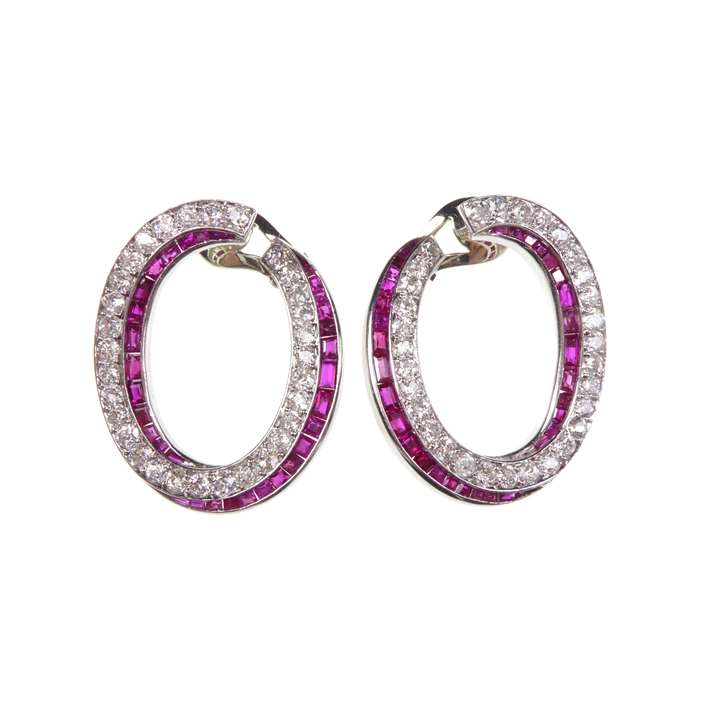 Pair of diamond and ruby oval hoop earrings